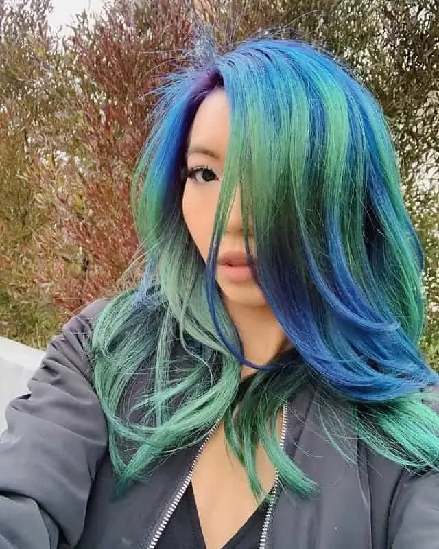 long and layered blue and green hair