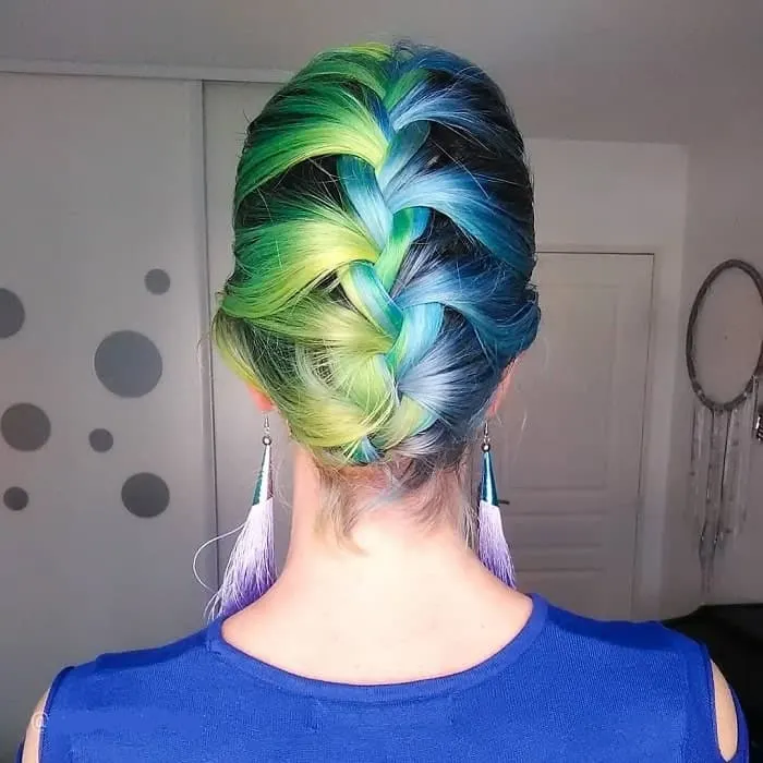 blue and green braided updo