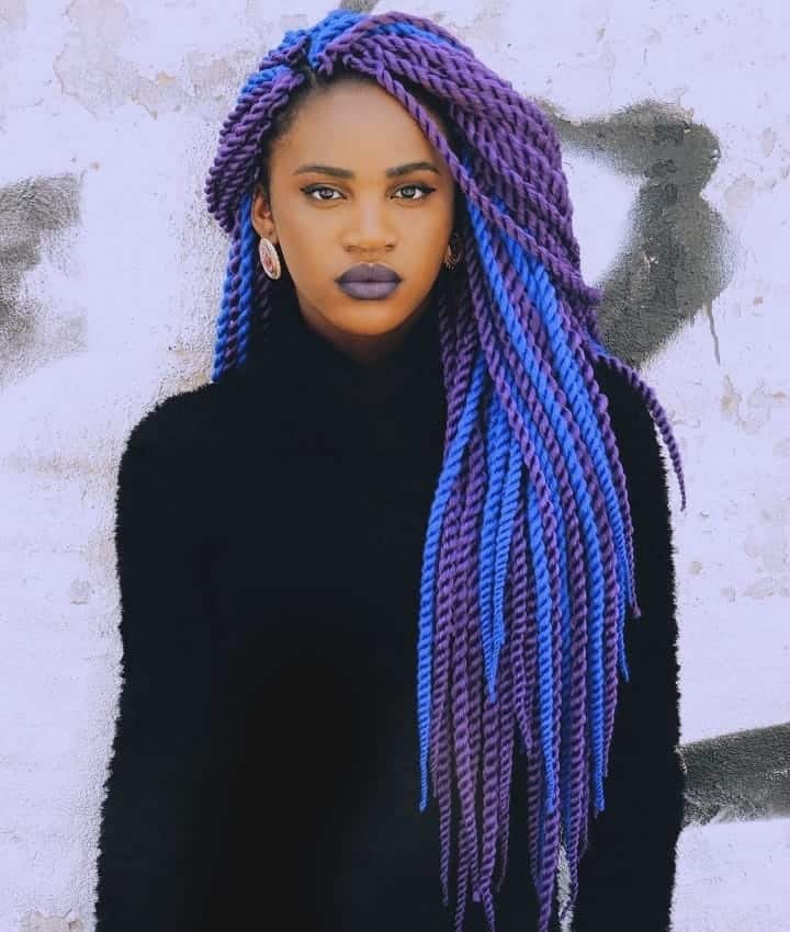 blue and purple twists hair