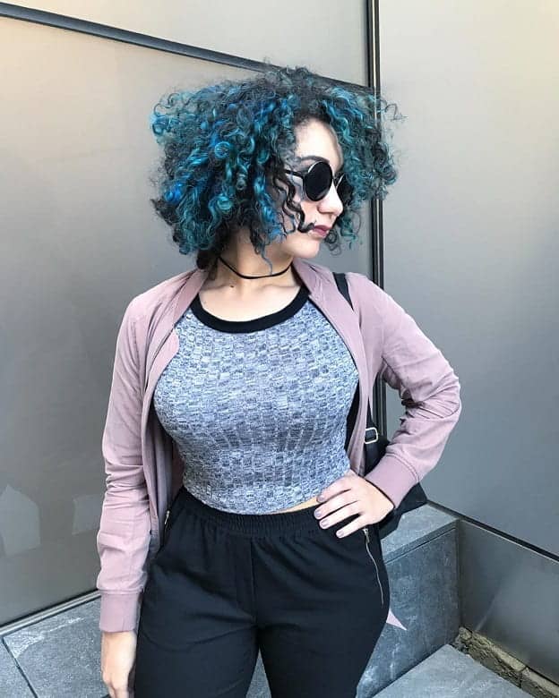 curly bob with blue highlights
