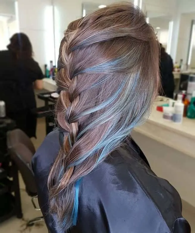 Brown Hair with Braid and Blue Highlights