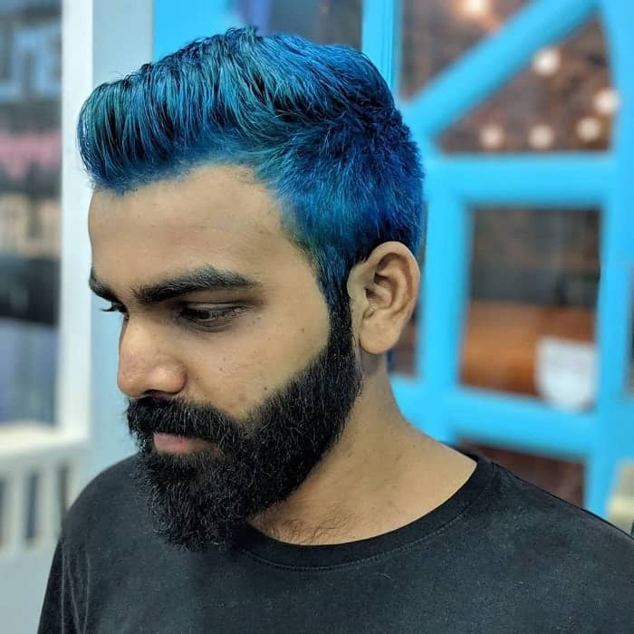 Image Of Handsome Hindu Man With Blue Hair In Early 20s Side Profile  Smiling Short Beard Dyed Bleached Messy Electric Blue Coloured Hair Closeup  Portrait Of Good Looking Guy In Blue Tshirt