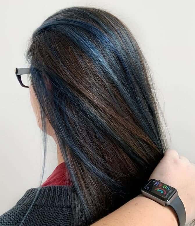 dark brown hair with blue highlights