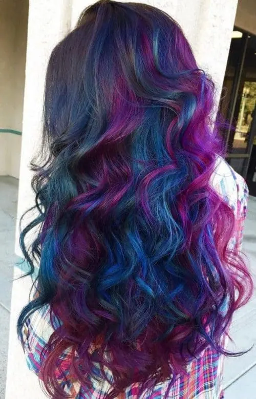 Dark brown hair with blue and purple highlights