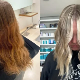 Side by side: hair with faded brunette box dye and visible banding, and the same client with bright platinum blonde after three lightening sessions