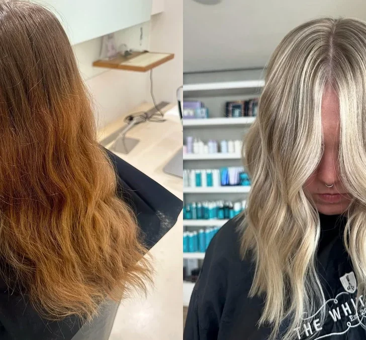 Side by side: hair with faded brunette box dye and visible banding, and the same client with bright platinum blonde after three lightening sessions