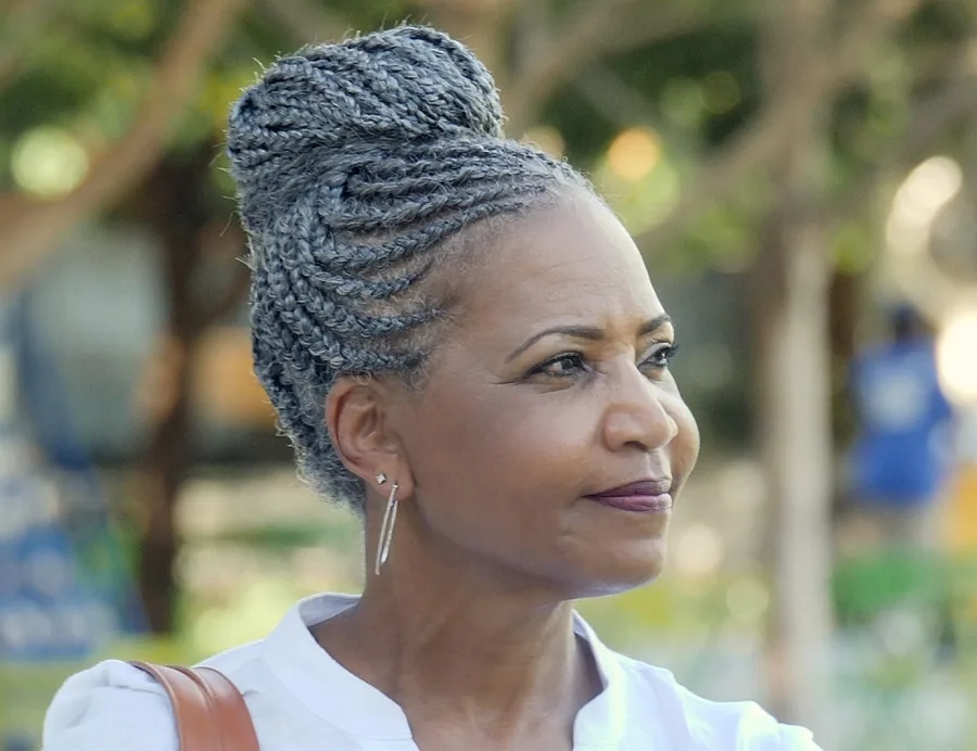braided grey updo for black women over 50