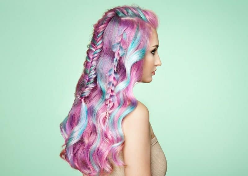 braided hairstyle with cotton candy hair
