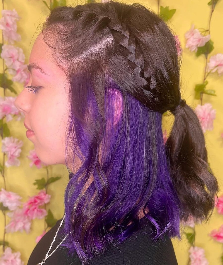 Half braided black hair with purple underneath