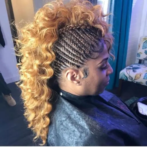 side braided mohawk with long curly weave
