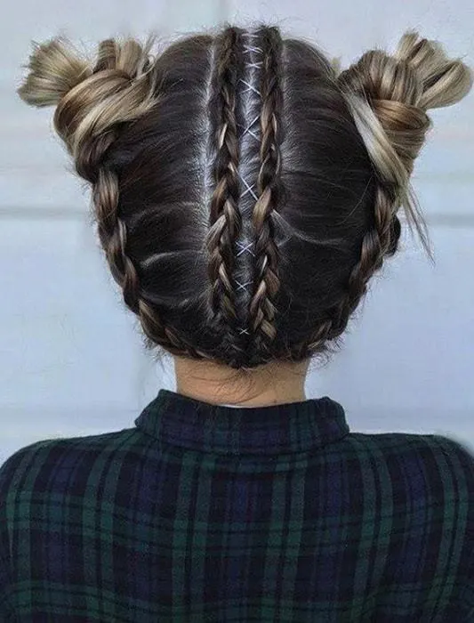 reverse braided space bun hairstyle