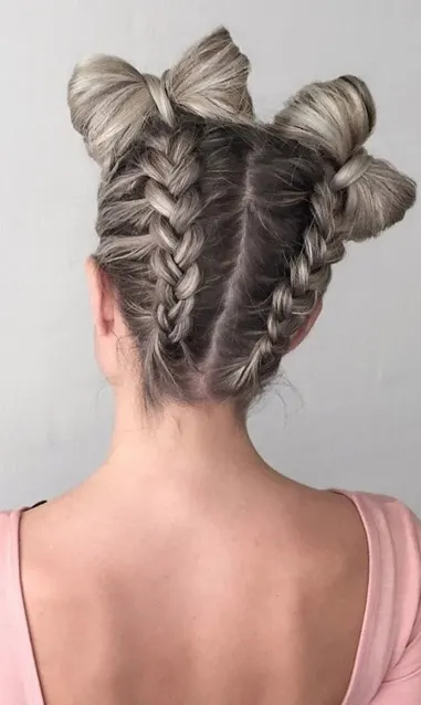 braided space bun with bows