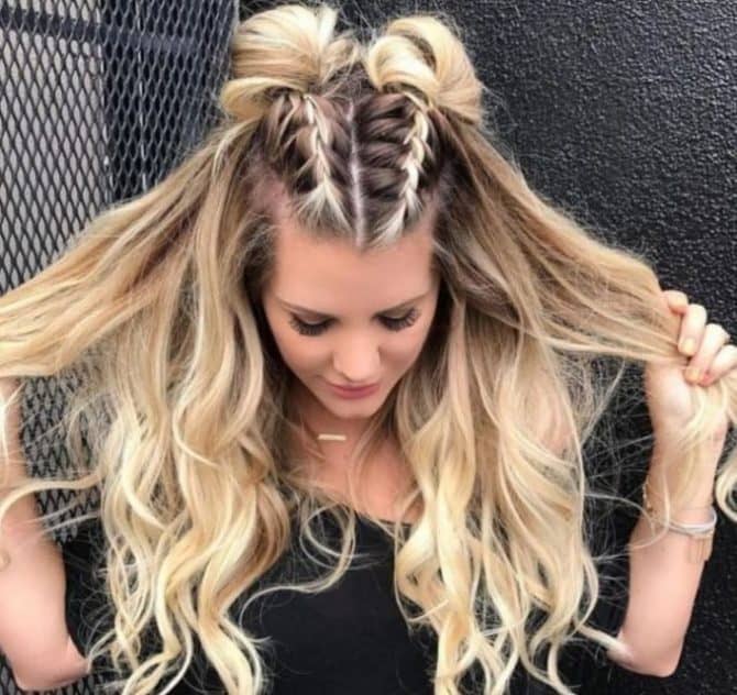 half up braided space buns for women