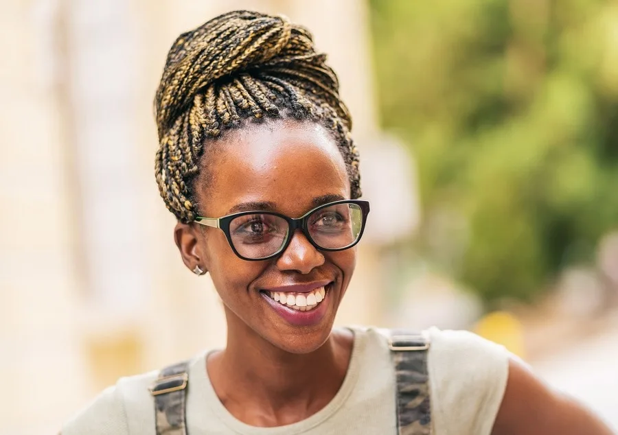 braided updo for black women with glasses