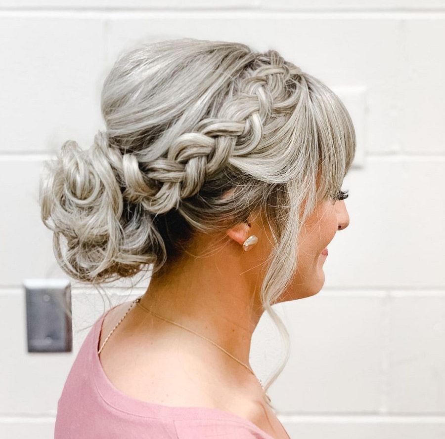 braided updo with wispy bangs