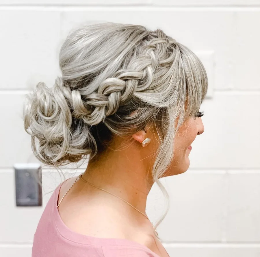 braided updo with wispy bangs