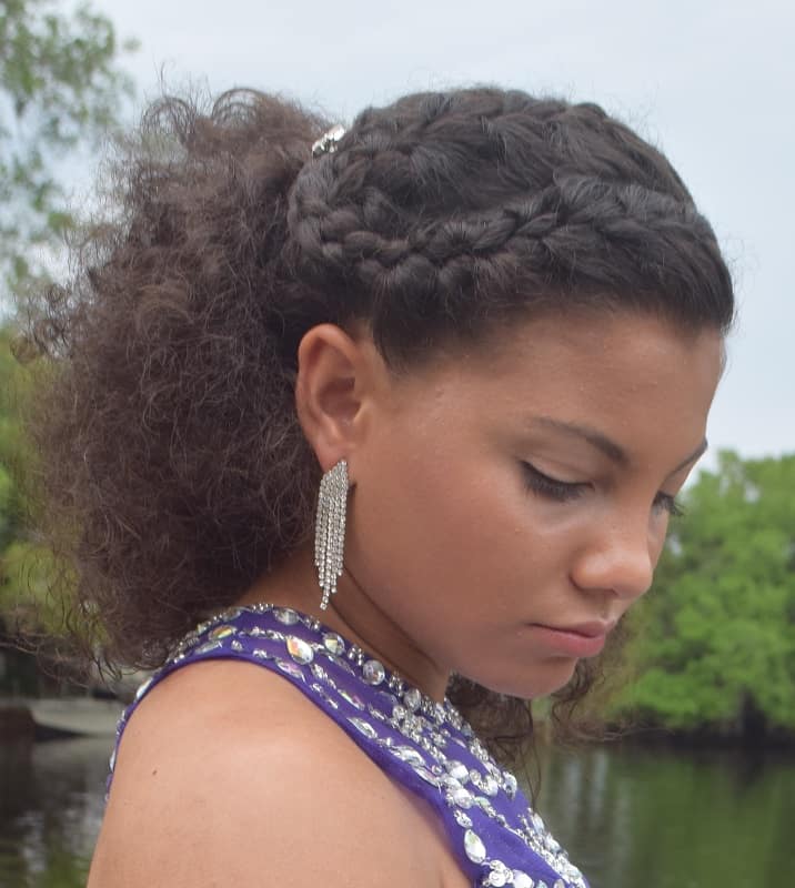 2 braids with high curly ponytail