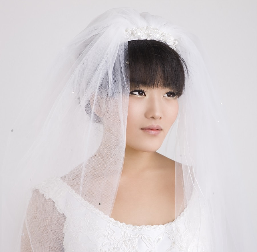 bridal hair with bangs and veil