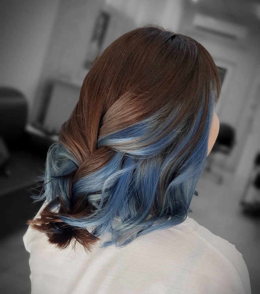 brown balayage hair with blue underneath