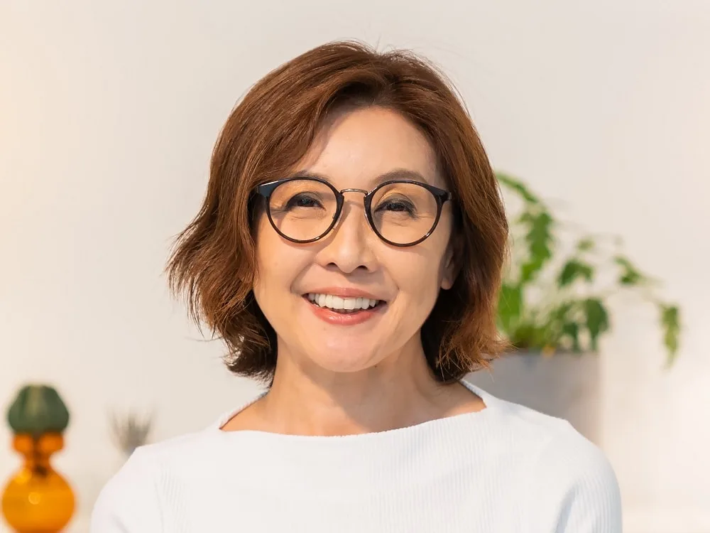 brown bob for over 50 with glasses