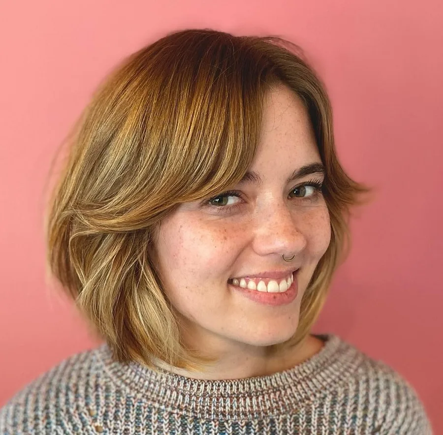 brown bob with feathered bangs