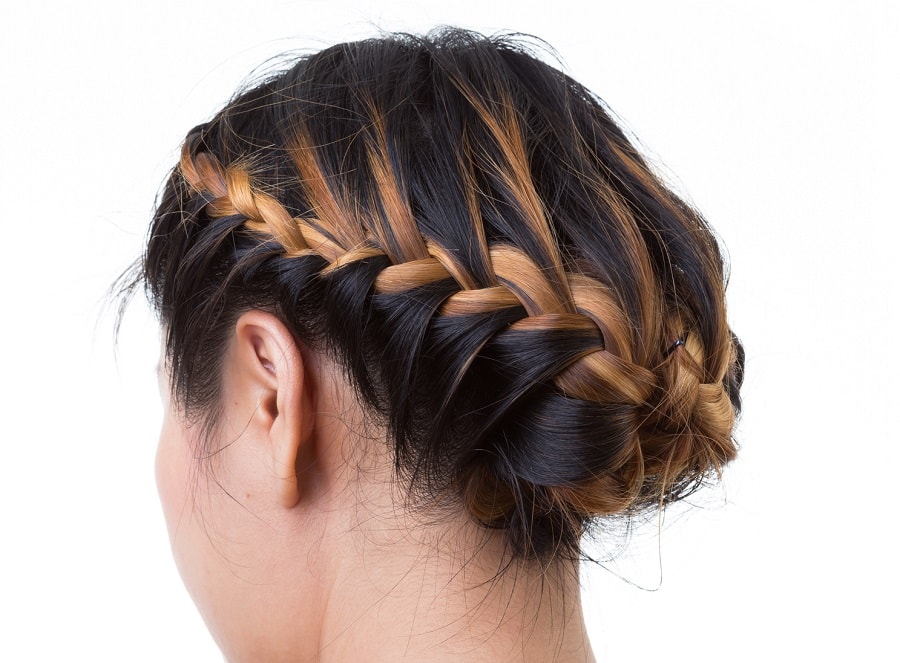 brown braided updo with highlights