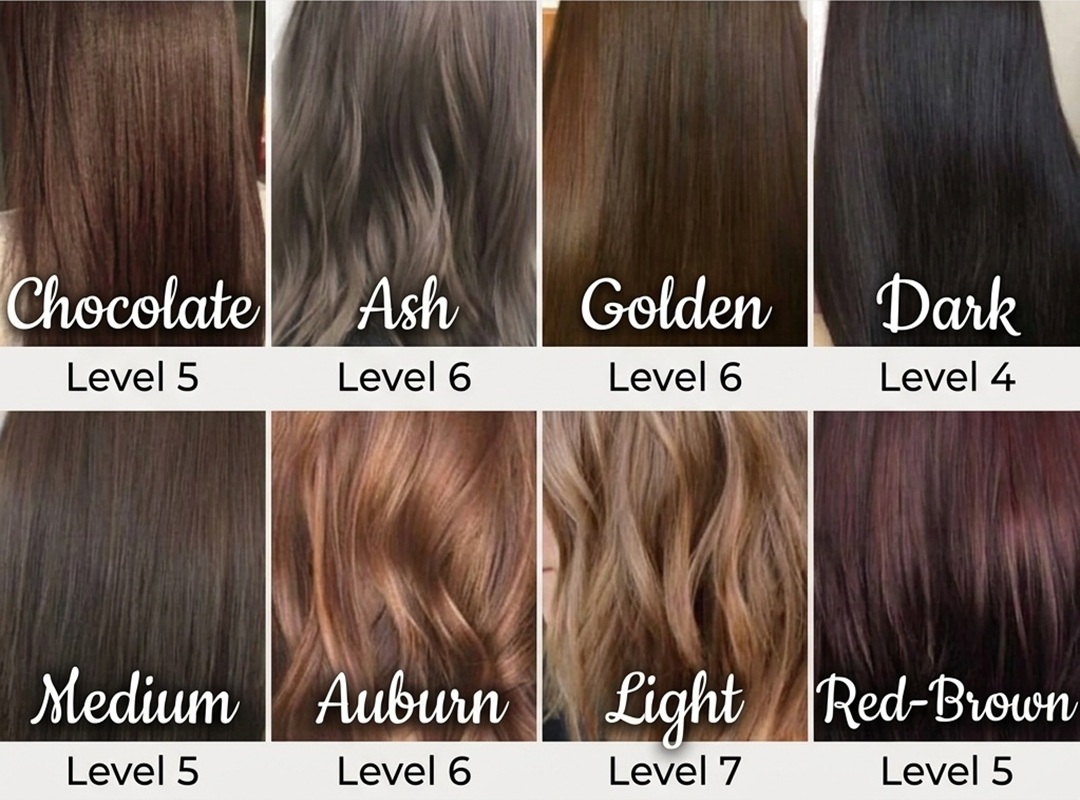 Brown hair color level and shade chart showing hair dye swatches from Level 4 to 7, including chocolate, ash, golden, auburn, and red-brown shades