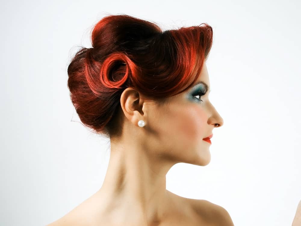 brown hair updo with red highlights