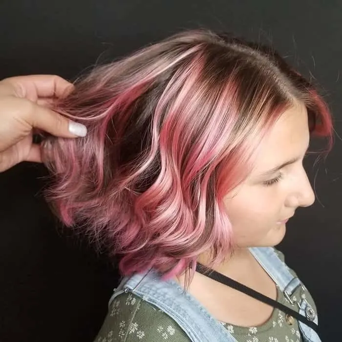 brown stacked bob with pink highlights
