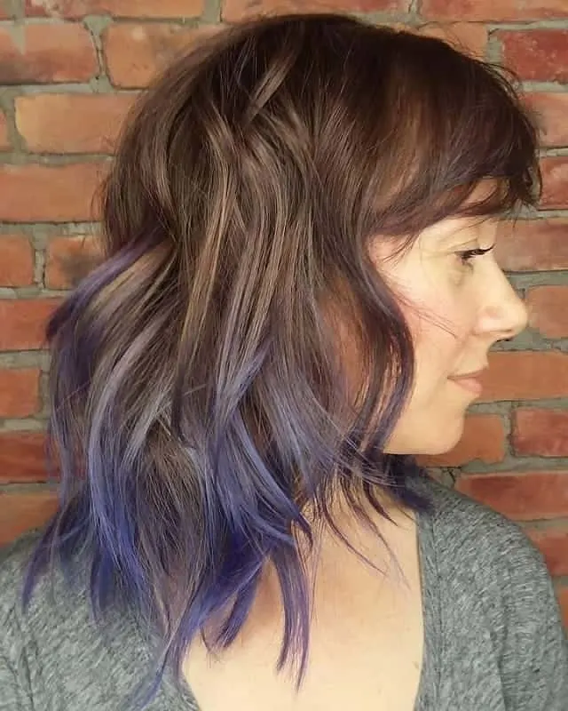 medium brown hair with purple tips