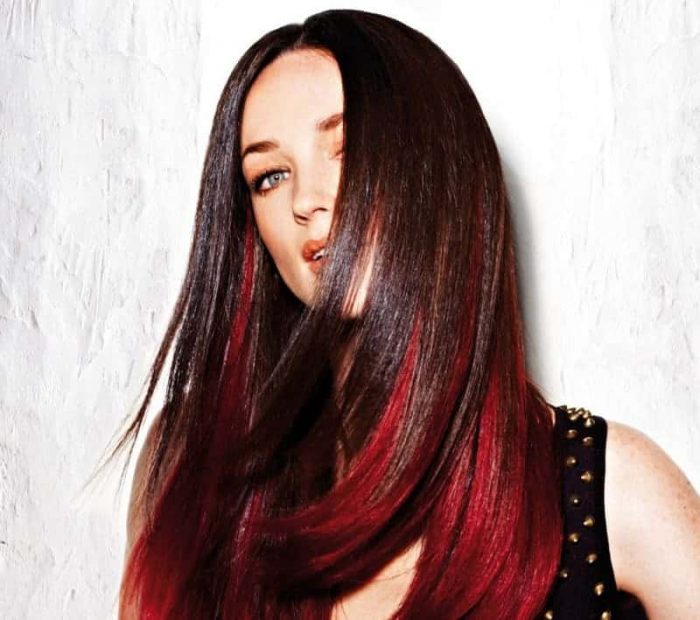Long Straightened Dark Brown Hair with Red Coloring