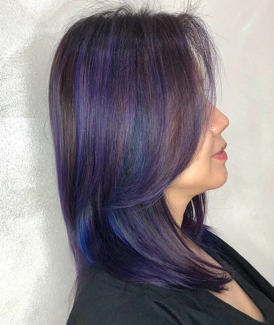 brown hair with violet and blue highlights