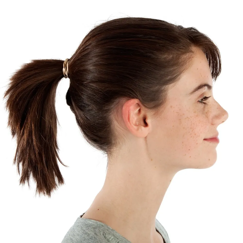 brown layered hair into ponytail