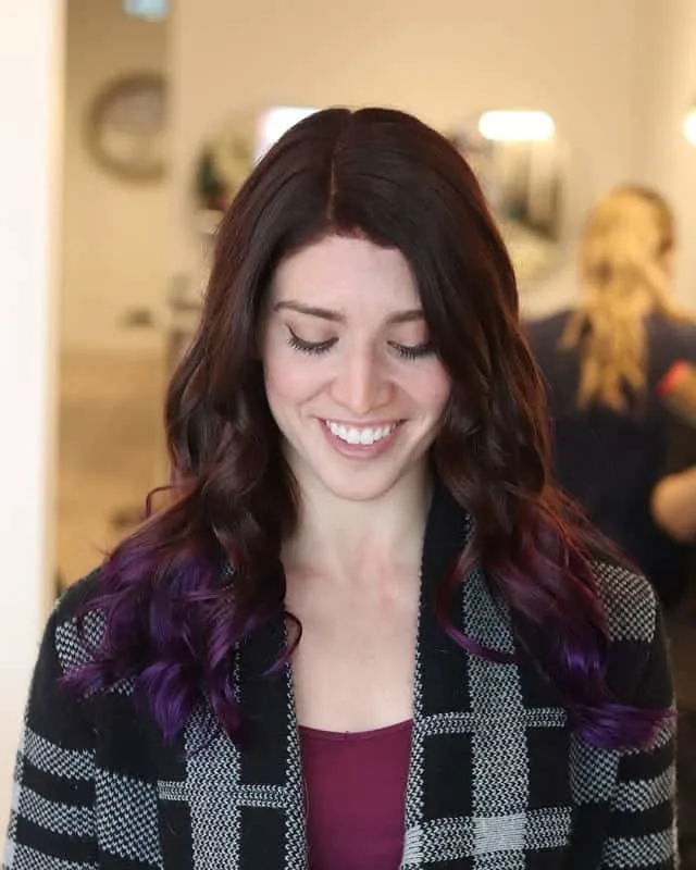 long dark brown hair with purple tips