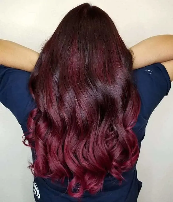 long wavy burgundy ombre hair