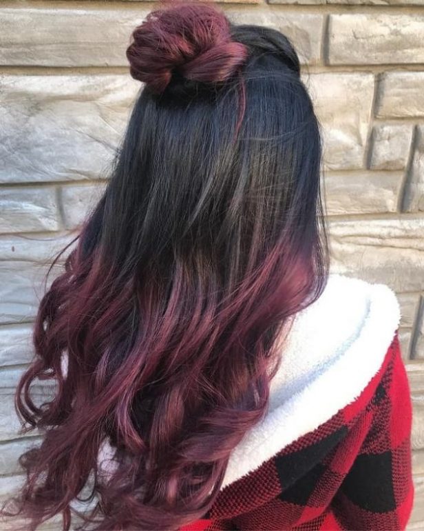 top bun on maroon ombre hair