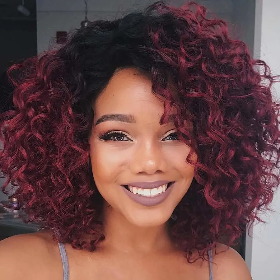 curly burgundy hair color