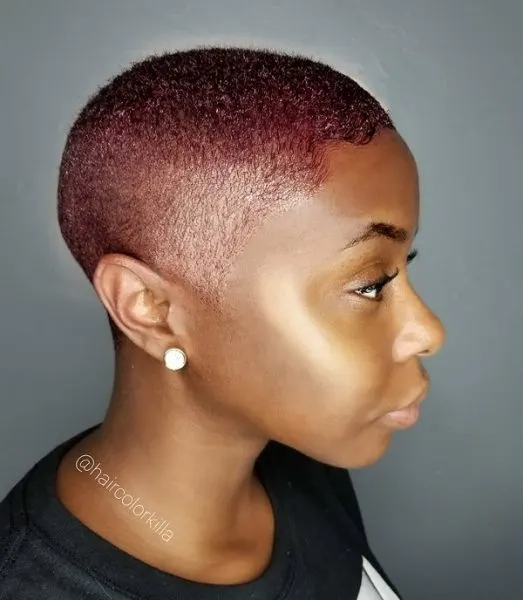  burgundy hair buzz cut for black women