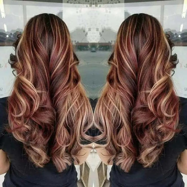 long burgundy hair with blonde highlights