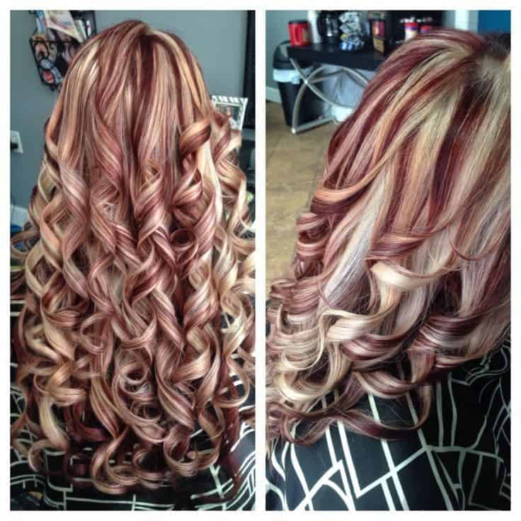 Burgundy hair with chunky blonde highlights