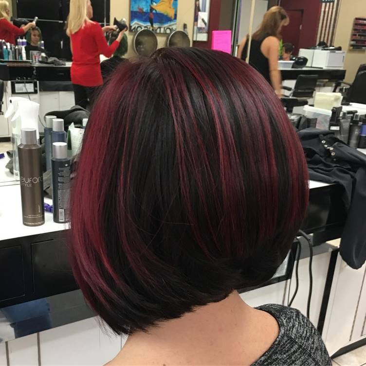 Short Stacked Bob with Burgundy Highlights
