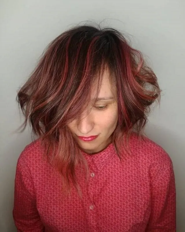 Messy Bob With Bright Burgundy Highlights