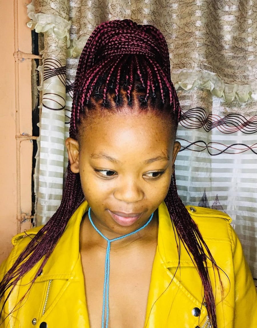 Braids without knots in burgundy color on dark skin