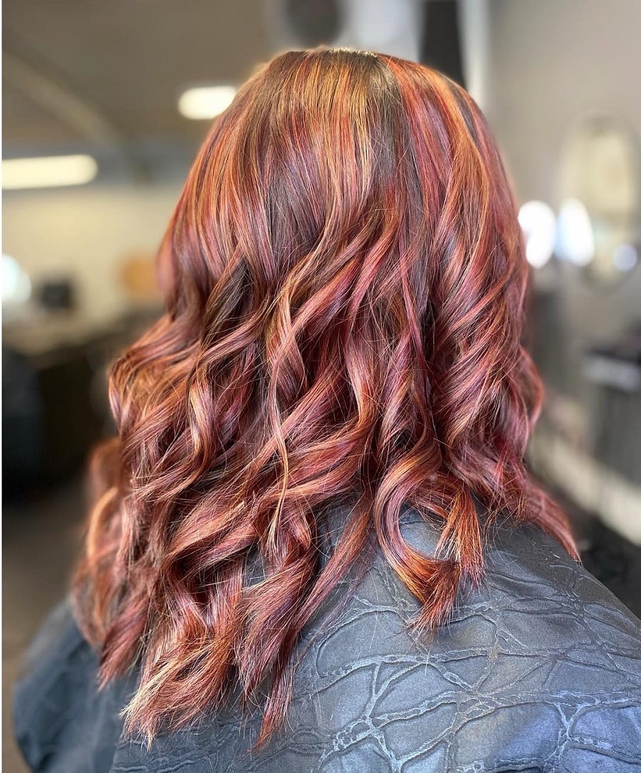 burgundy red hair with blonde highlights