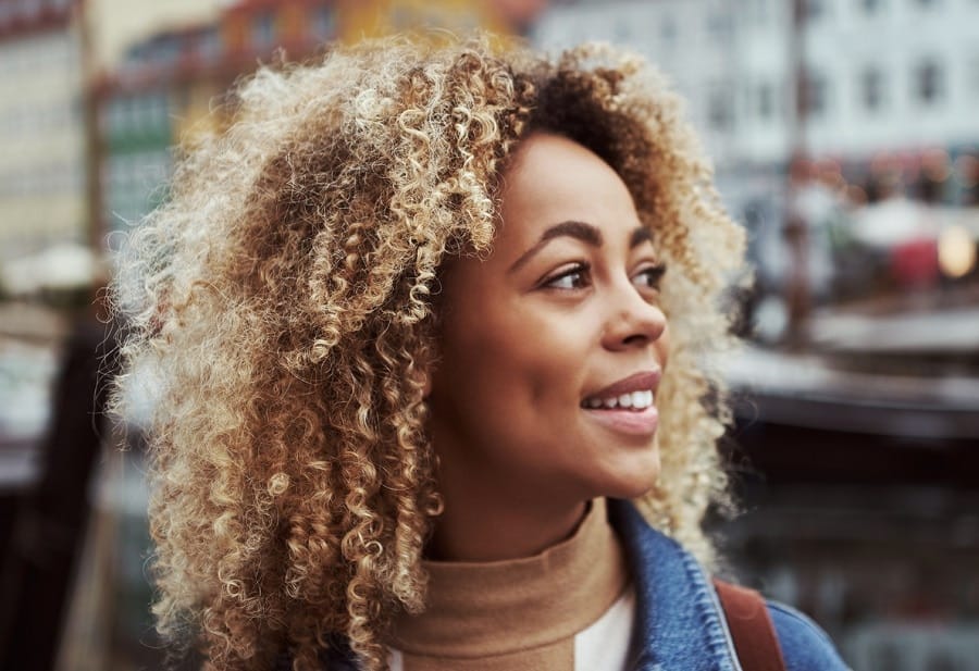 champagne blonde afro hair