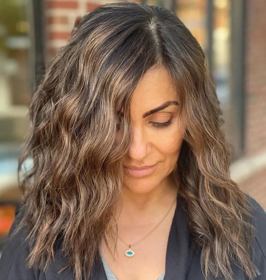 chocolate brown beach waves with caramel highlights