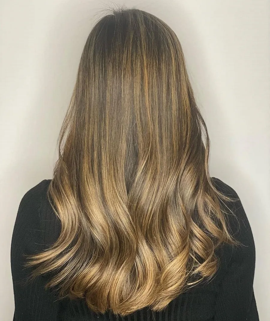 chocolate brown hair with full caramel highlights