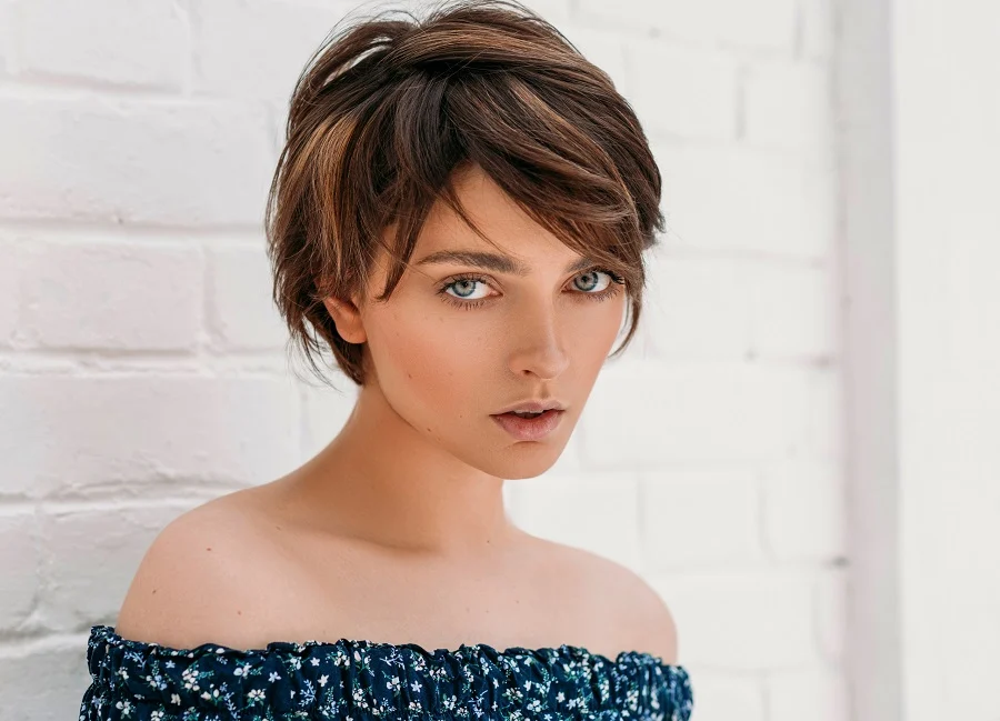 chocolate brown pixie cut with caramel highlights