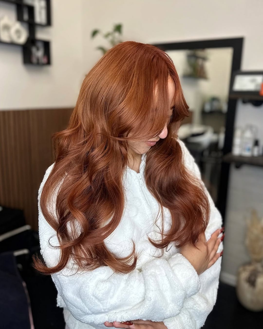 Copper brown henna hair dye on long wavy hair