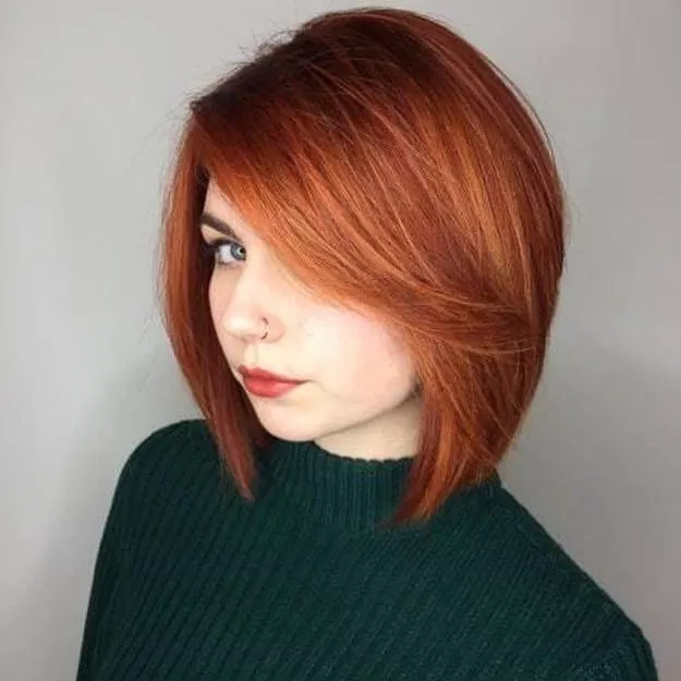 copper ombre hair with side swept bangs